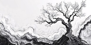 黑白孤树于水墨山水间