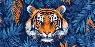 蓝底虎与叶的精美插画