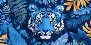 蓝底虎与植物梦幻插画