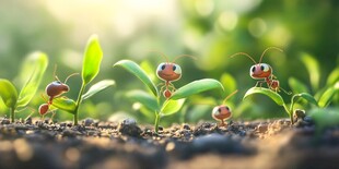 萌趣蚂蚁与嫩绿新芽共舞