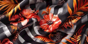 黑底花卉条纹丝绸面料