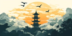 夕阳下的古塔与飞鸟