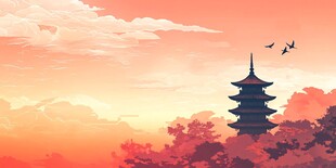 落日下的古塔与飞鸟美景