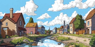 宁静乡村小溪边的多彩房屋