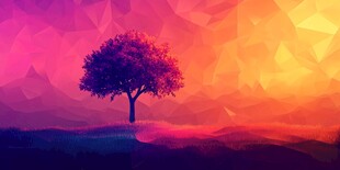 梦幻多边形背景中的孤独树