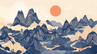 国风山水间的壮丽落日景