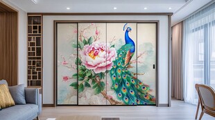 中式客厅孔雀牡丹艺术移门