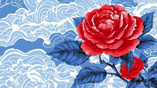 蓝底红花云纹中式插画