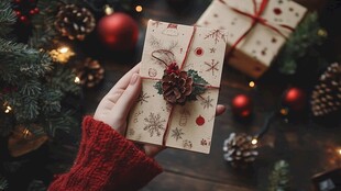 手捧精美圣诞礼物的温馨场景