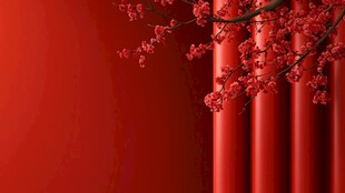 红帘旁绽放的艳丽花枝