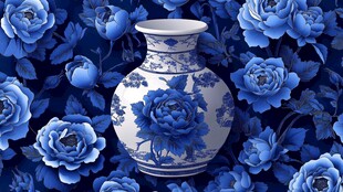 蓝牡丹簇拥下的青花瓷瓶