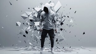 神秘人物在破碎几何中伫立