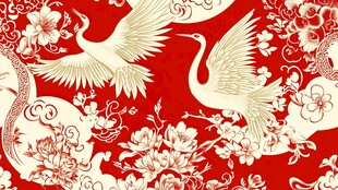 中式红底仙鹤花卉纹样图