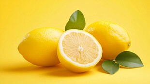 鲜黄柠檬带叶清新展示