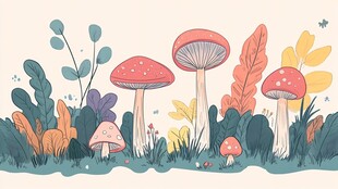 童话风蘑菇与植物插画