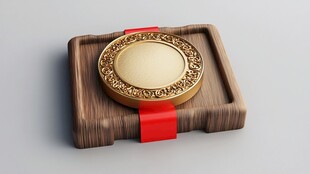 木制托盘上的金色圆盘装饰