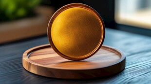 木质托盘上的金色圆盘