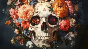 花卉环绕的神秘骷髅头