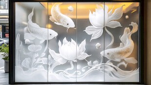 中式屏风上的锦鲤荷花图