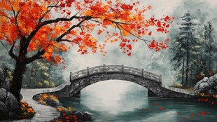 秋景石桥枫叶水墨画卷