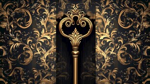 复古奢华金色钥匙与花纹背景