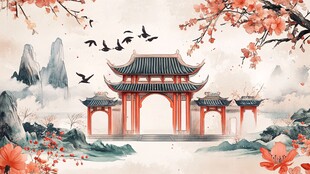 中式山水亭阁花鸟意境图