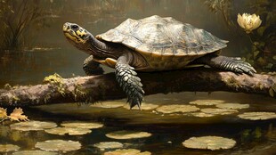 池塘边木枝上的乌龟