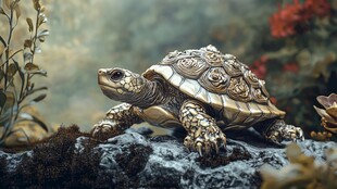 金龟漫步于花草岩石间