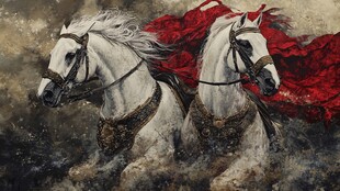 双骑白马披红绸奔腾图