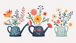 三个花洒水壶与缤纷花卉