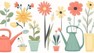 可爱花卉与浇花工具插画