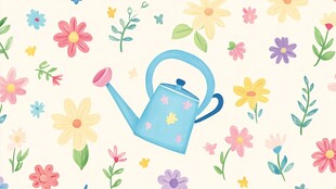 手绘花卉与蓝色浇水壶图案