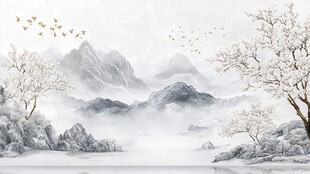 水墨山水间飞鸟绕树景