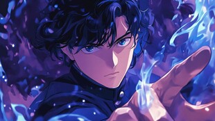 蓝发少年释放神秘火焰力量