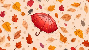 秋日红伞与落叶的浪漫场景