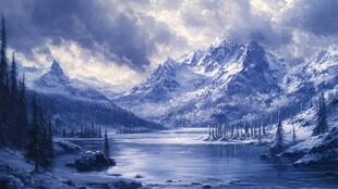 雪山湖泊壮丽冬日景观