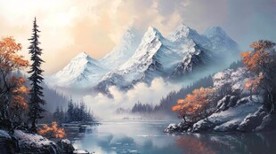 秋日雪山湖畔梦幻美景