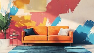 多彩墙前的橙色沙发美居
