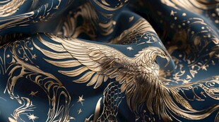 蓝底金纹凤凰丝绸织物