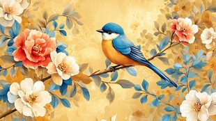 蓝鸟栖繁花枝头油画风