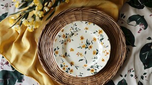 田园风花卉餐盘与编织篮
