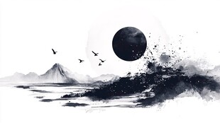 水墨山水间飞鸟伴月景