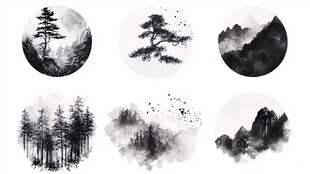 水墨山水圆形插画组图