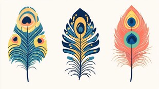 三只绚丽孔雀羽毛插画