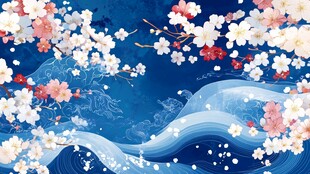 蓝底繁花海浪唯美图景