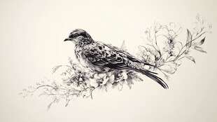 栖息花枝的鸟黑白素描图