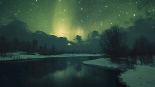 极光下的静谧河畔雪景