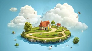 梦幻悬浮小岛田园风光