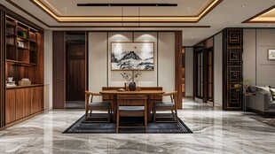 中式典雅客厅餐厅一体化空间