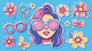 时尚女孩与缤纷花卉贴纸